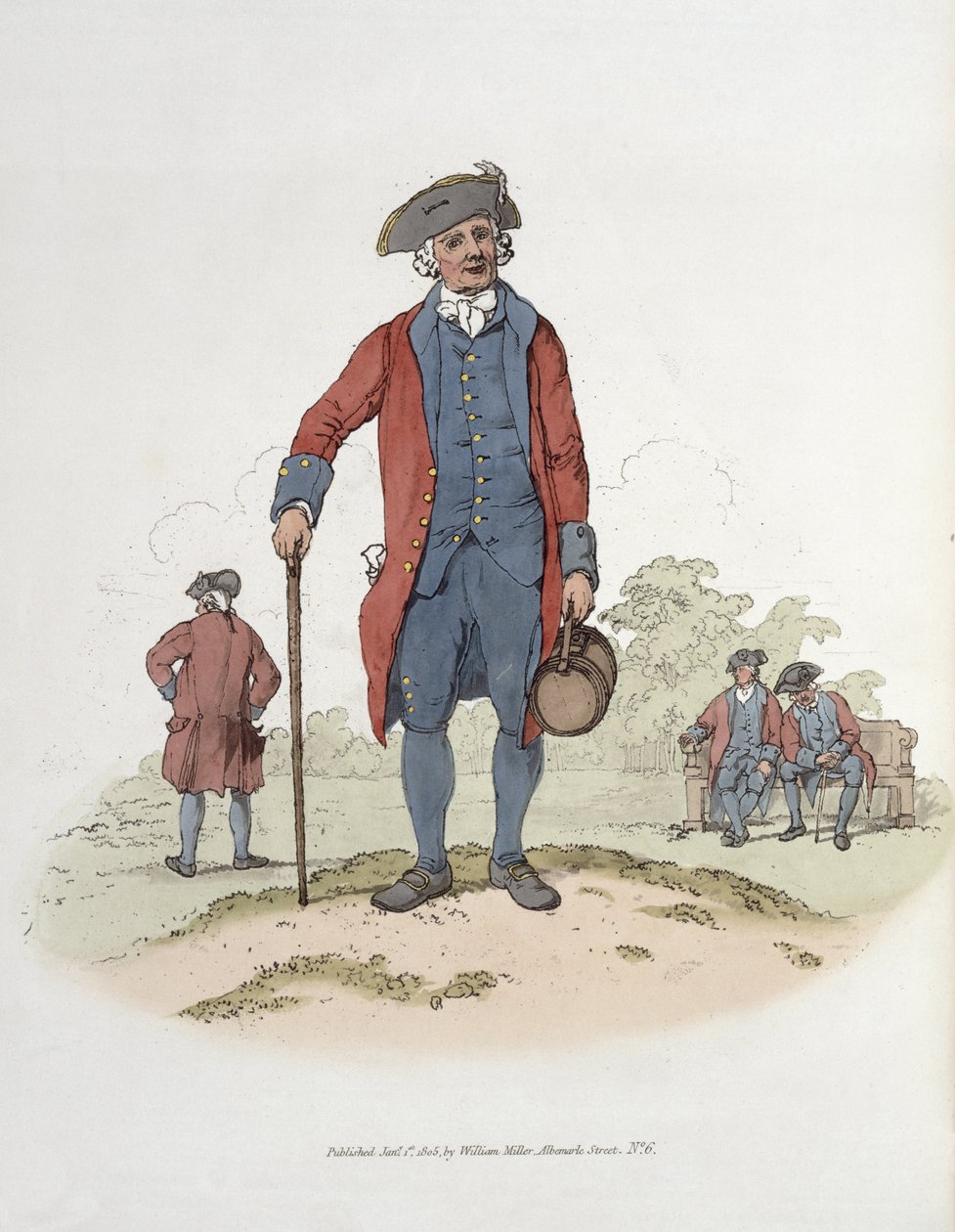 Chelsea Pensioner, z "Costume of Great Britain", opublikowane przez Williama Millera, 1805 r. autorstwa William Henry Pyne