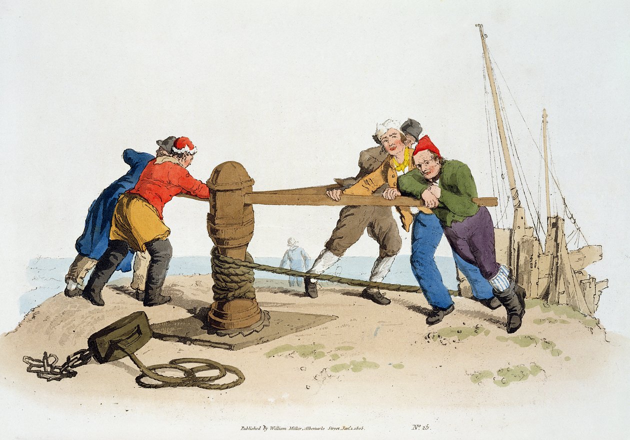 Fishermen at a Capstan, z „Kostium Wielkiej Brytanii”, wydanego przez Williama Millera, 1805 autorstwa William Henry Pyne