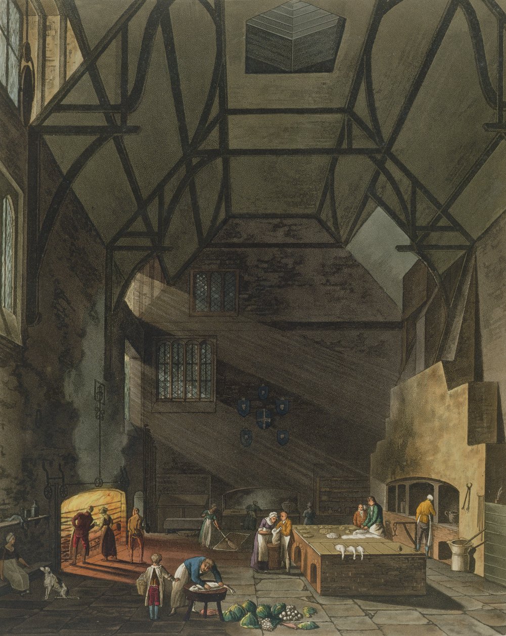 Wnętrze kuchni, Trinity College, Cambridge, z Historii Cambridge, ryt. Joseph Constantine Stadler (fl.1780-1812), wyd. R. Ackermann, 1815 (akwatinta kolorowa) autorstwa William Henry Pyne