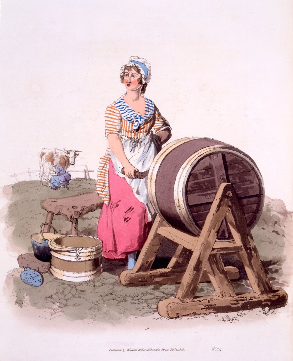 Milkmaids, z „Strój Wielkiej Brytanii; Rzadki i przekonujący widok klasy robotniczej przy pracy”, 1808 autorstwa William Henry Pyne