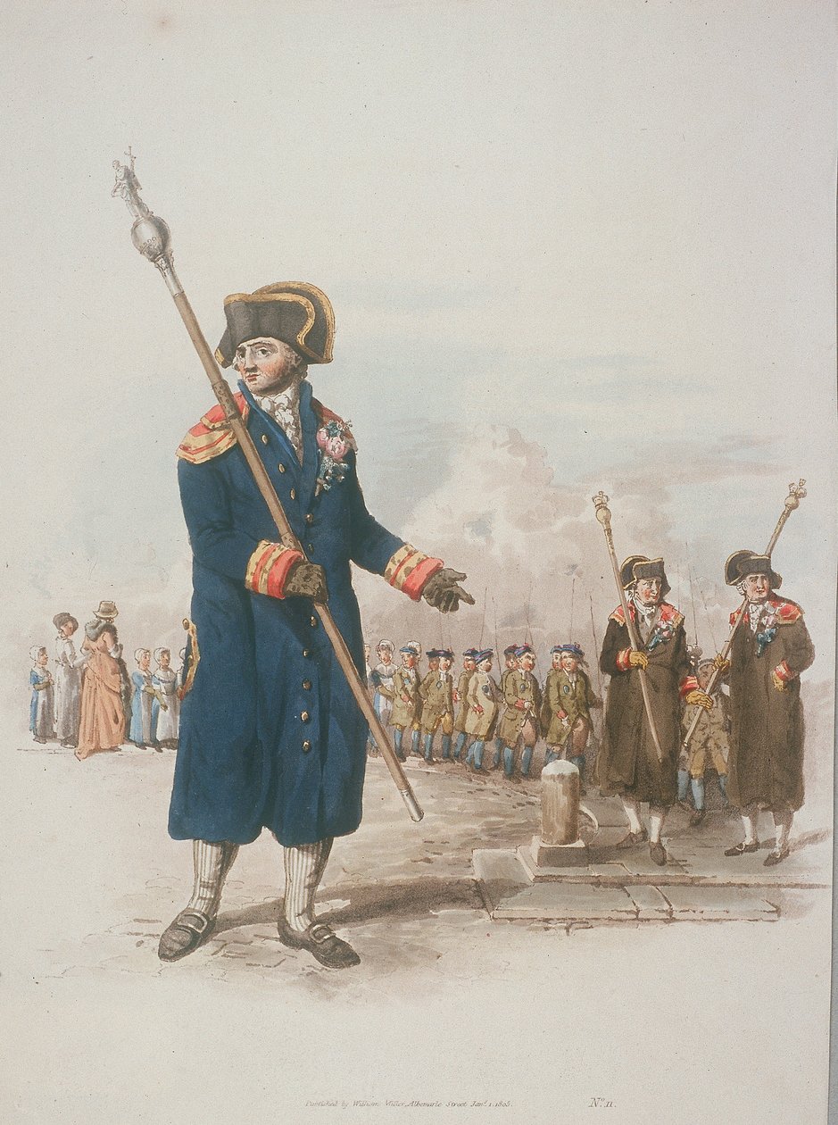 Parafia Beadle w stroju obywatelskim trzymająca laskę, 1805 autorstwa William Henry Pyne
