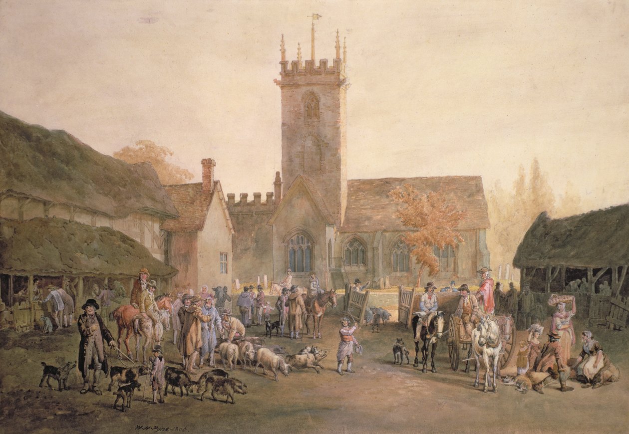 Pigmarket na dziedzińcu The Fountain Inn, Bedford, 1806 (ołówek, wc i kolor nadwozia) autorstwa William Henry Pyne