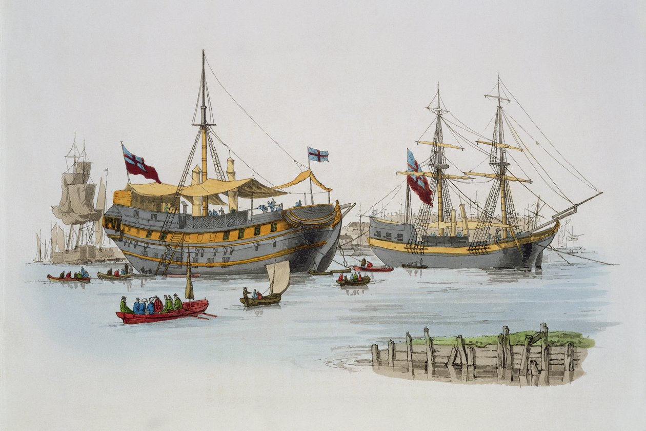 Statki więzienne, z „Kostium Wielkiej Brytanii”, wydane przez Williama Millera, 1805 autorstwa William Henry Pyne