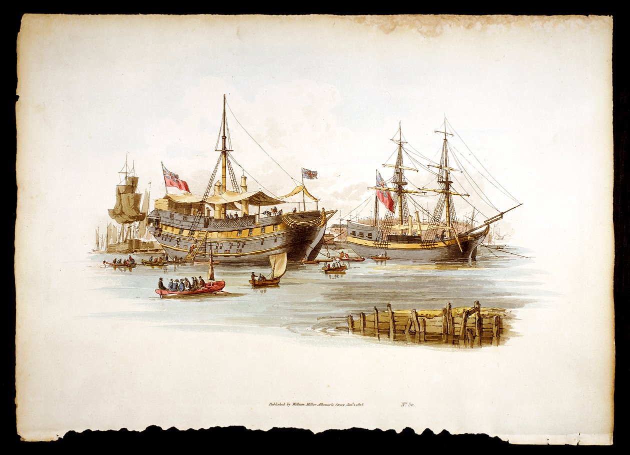 Więzienne statki hulk lub tendery w Tamizie przy Tower of London, 1805 r autorstwa William Henry Pyne