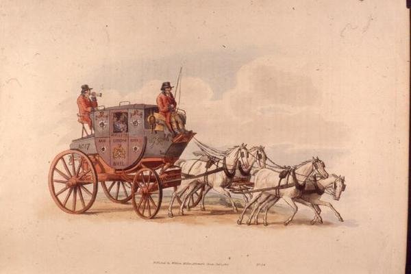 Trener poczty z Londynu do Worcester Royal z „Kostium Wielkiej Brytanii” (druk) autorstwa William Henry Pyne