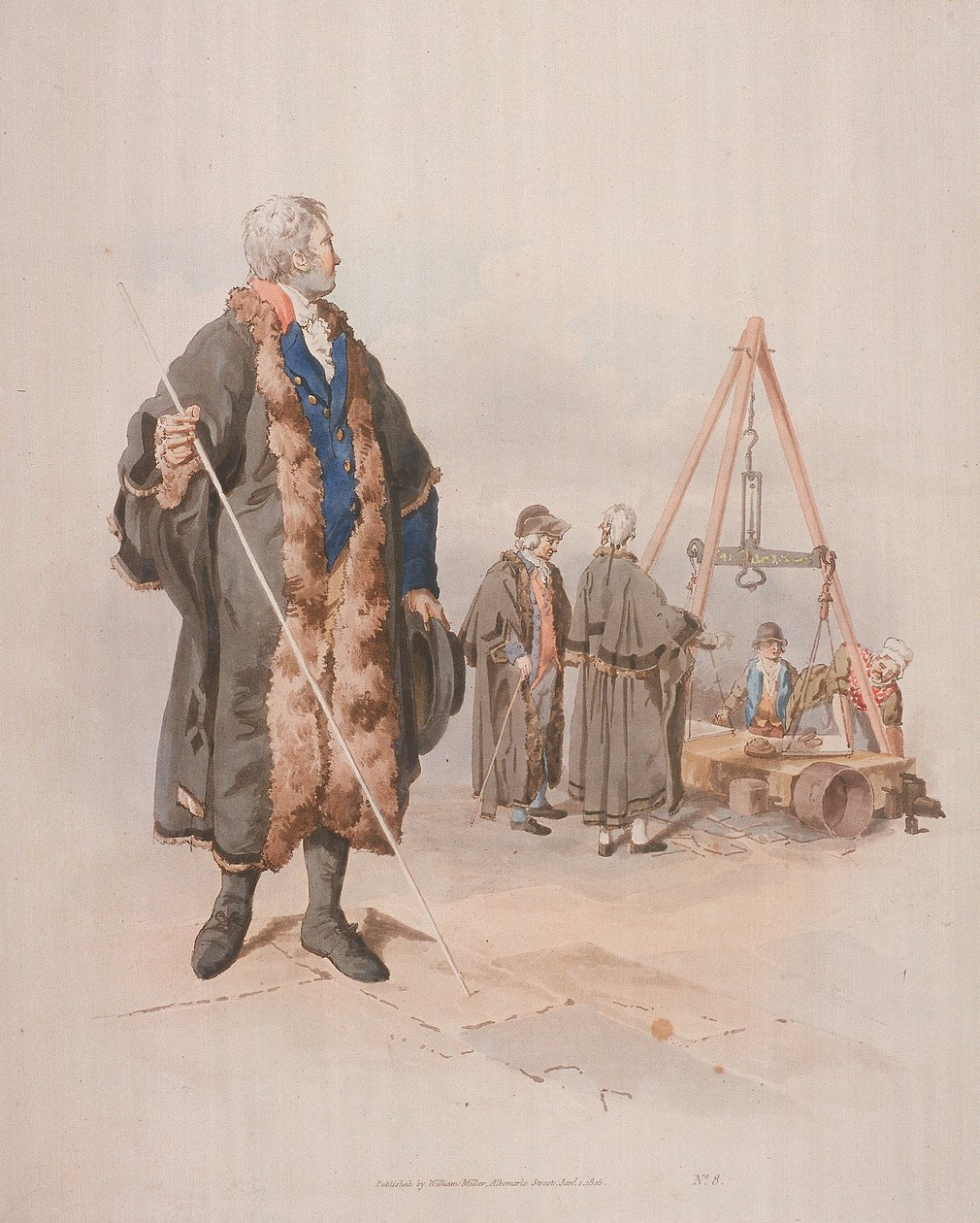 Ward Beadle w stroju obywatelskim, trzymający laskę, na dochodzeniu Wardmote, 1805 autorstwa William Henry Pyne