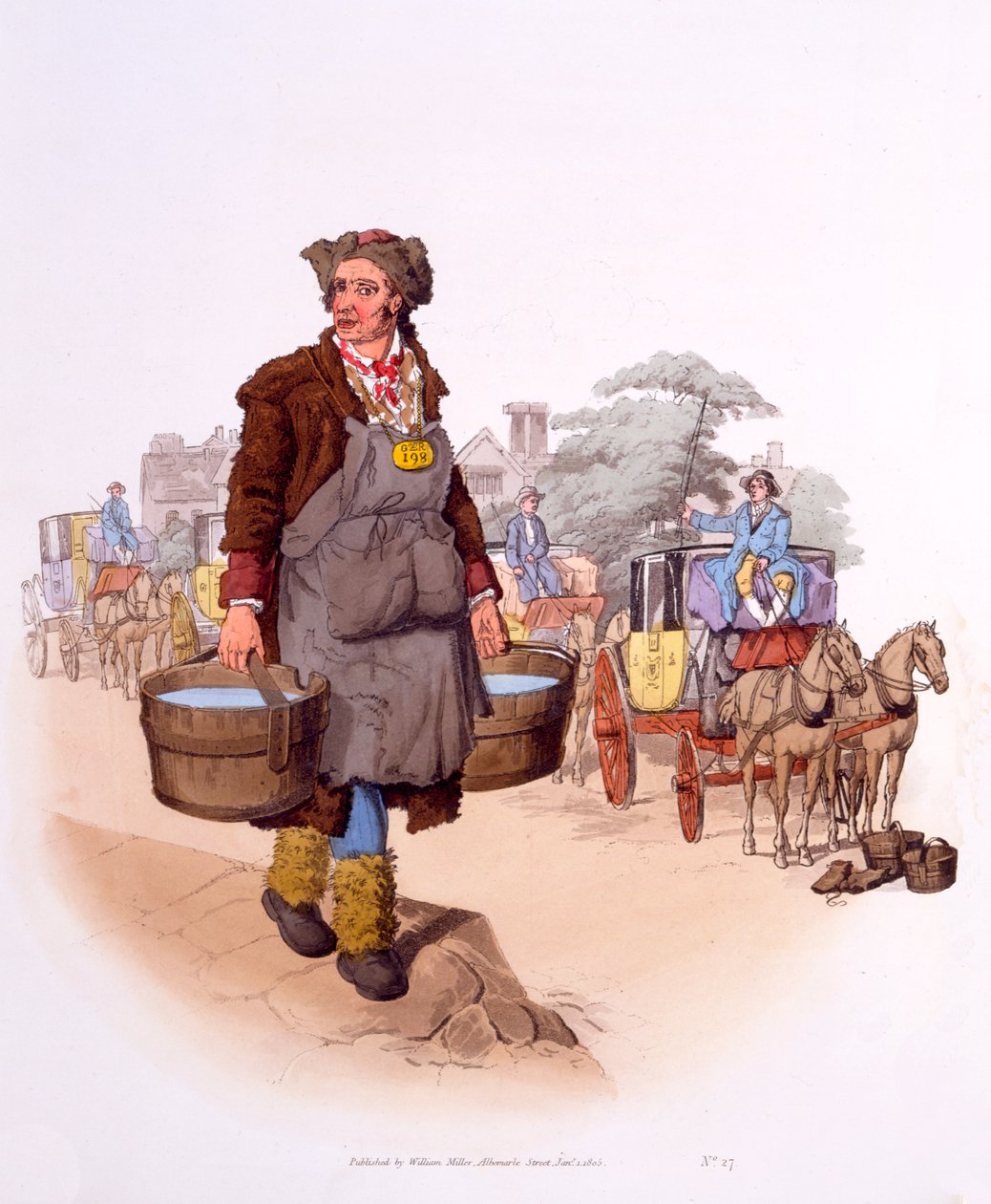 Watercarrier z licencją GR 198 (Georgius Rex), z „Strój Wielkiej Brytanii; Rzadki i przekonujący widok klasy robotniczej przy pracy”, 1808 autorstwa William Henry Pyne