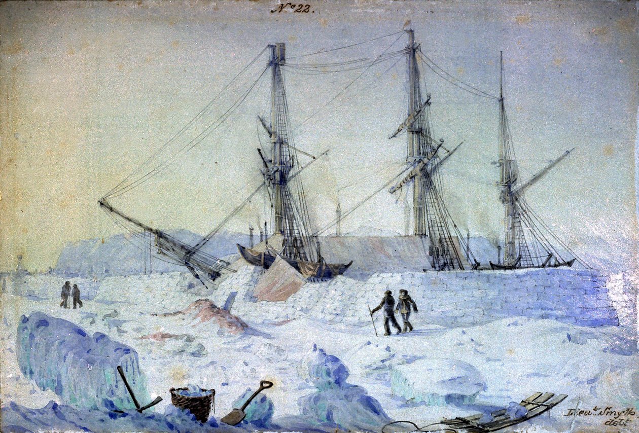 "Nr 22 to widok lewej burty statku z efektem wschodu słońca w lutym 1837 r. i pokazujący stan ścian śnieżnych w tym czasie". autorstwa William Henry Smyth