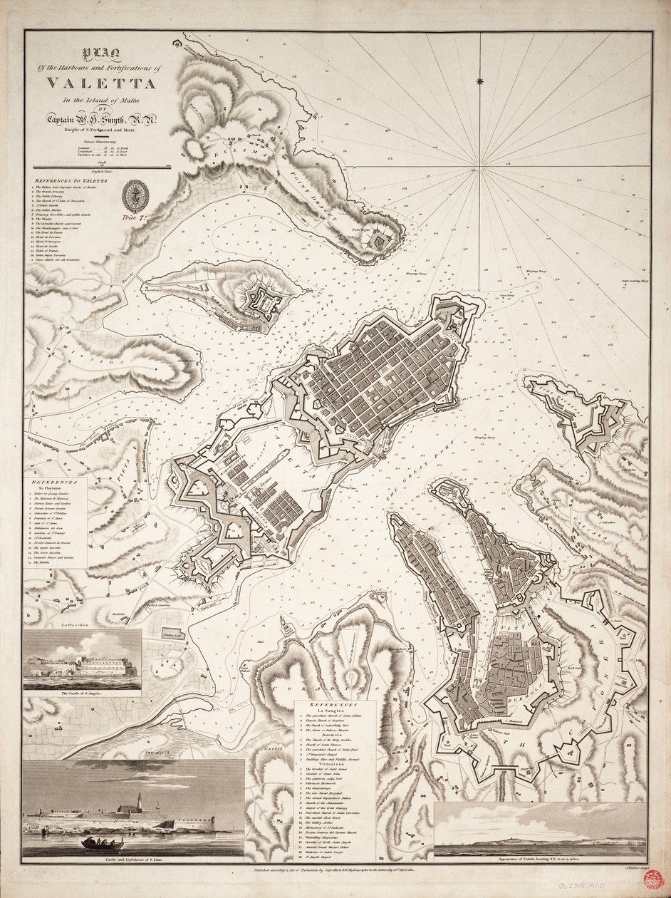 Plan portów i fortyfikacji Valetty na Malcie, ok. 1821 r. (rycina) autorstwa William Henry Smyth