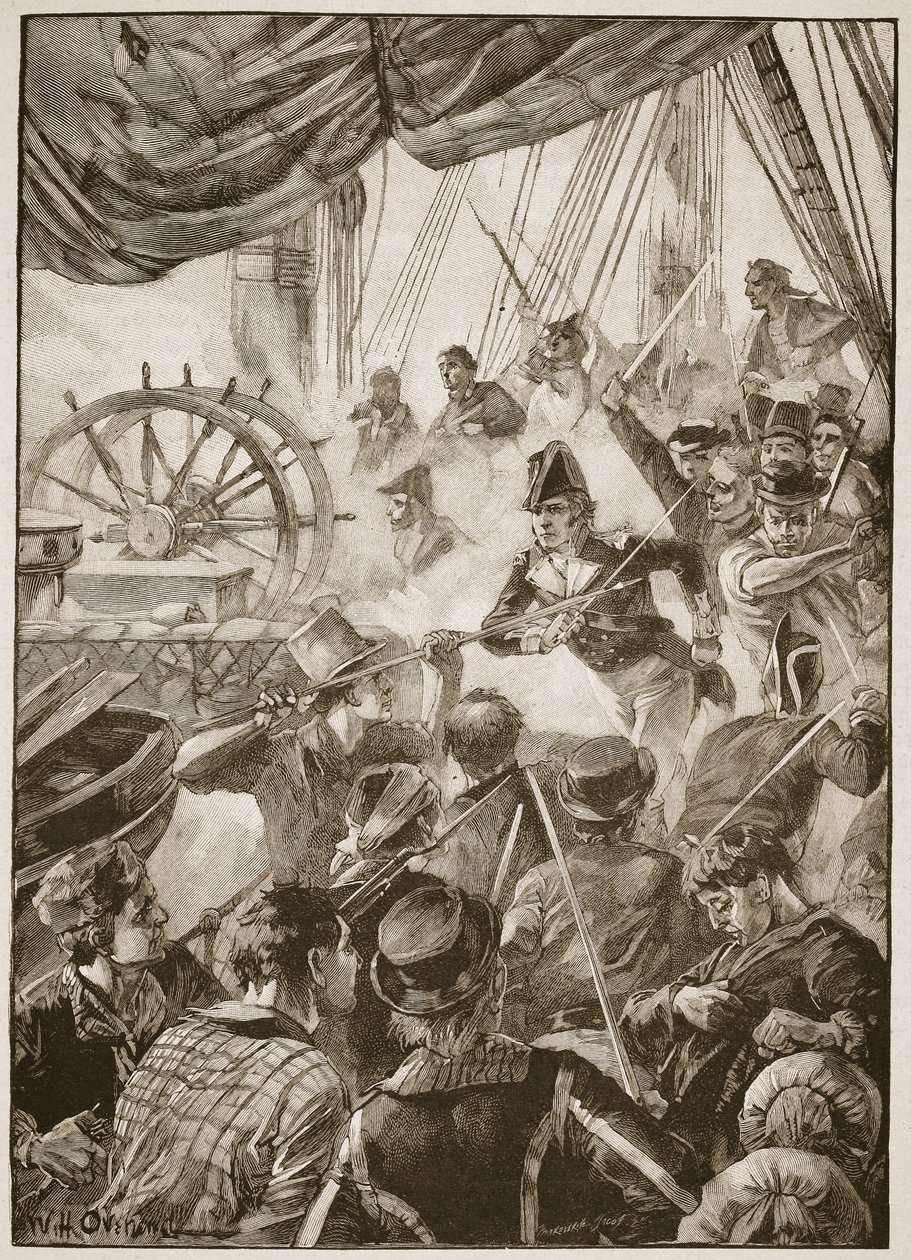 Około trzydziestu członków załogi wykonało mały pokaz oporu, ilustracja z „Bitwy XIX wieku” autorstwa Archibalda Forbesa, G.A. Henty i major Arthur Griffiths autorstwa William Heysham Overend