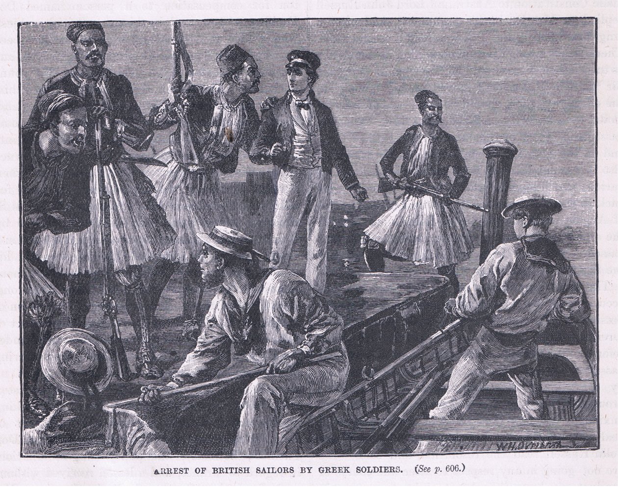 Aresztowanie brytyjskich marynarzy przez greckich żołnierzy AD 1850 autorstwa William Heysham Overend
