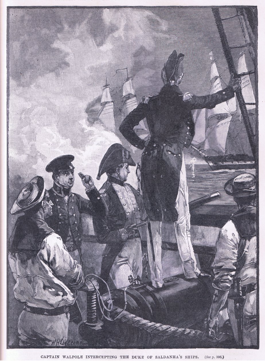 Kapitan Walpole przechwytuje okręty księcia Saldanha. autorstwa William Heysham Overend