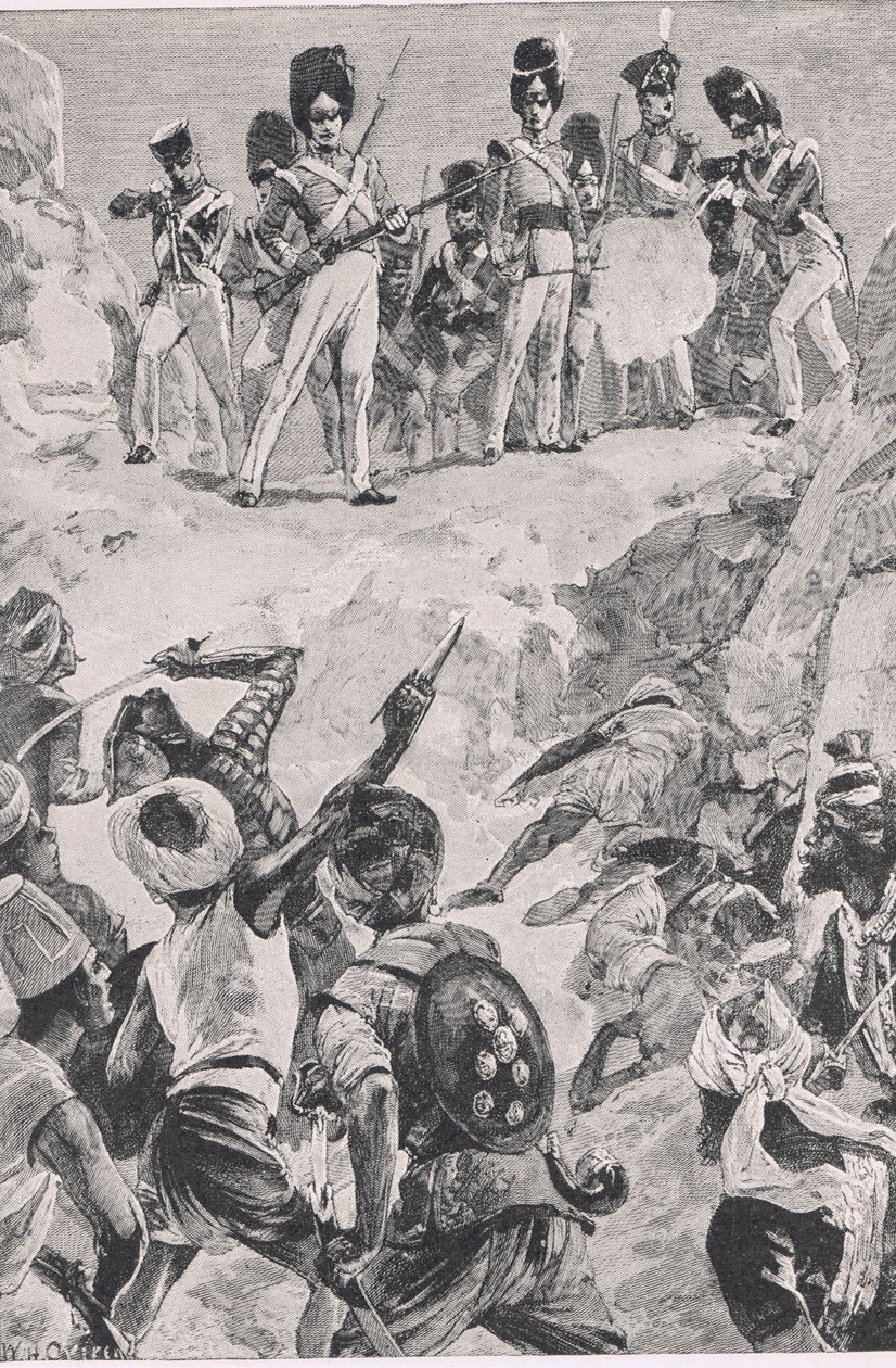 Zwolennicy Carmichaelsa wystrzelili salwę w gęstą grupę ludzi: Bitwa pod Bharatpur 1826, ilustracja z brytyjskich bitew lądowych i morskich, 1915 autorstwa William Heysham Overend