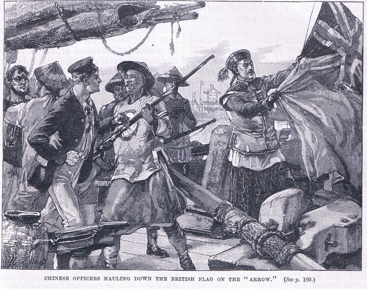 Chińscy oficerowie ciągnący brytyjską flagę „Strzałką” 1856 AD autorstwa William Heysham Overend