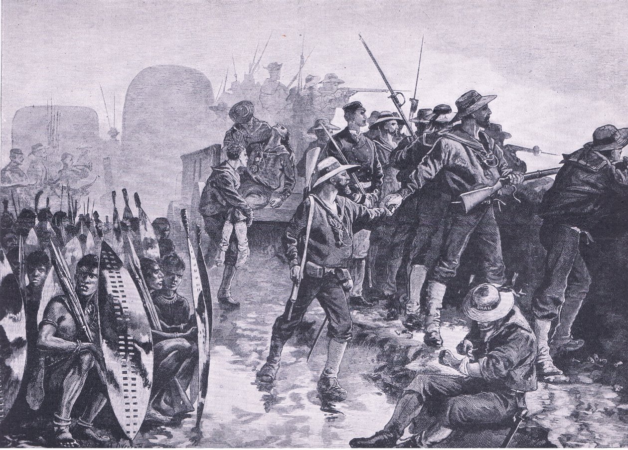 Obrona obozu przed atakiem Zulusów, ilustracja z brytyjskich bitew na lądzie i morzu, 1915 autorstwa William Heysham Overend