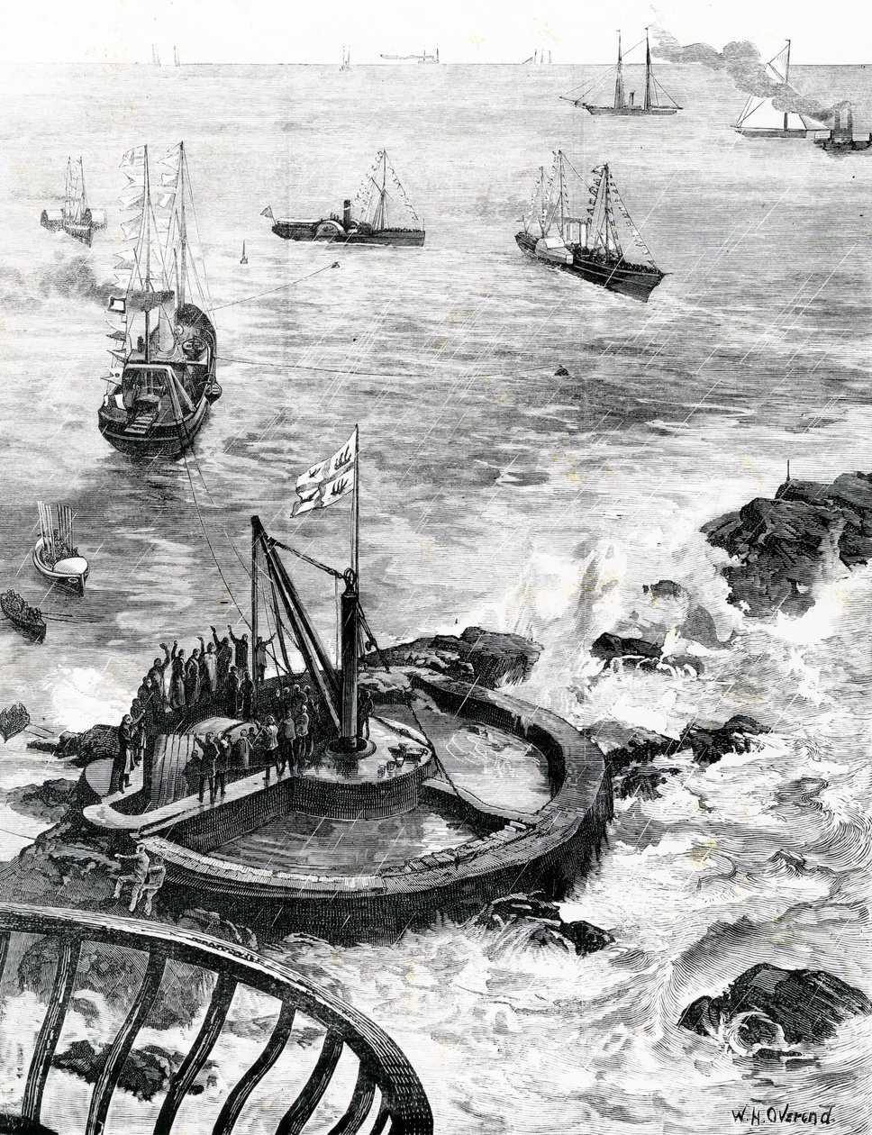 Książę Walii i książę Edynburga kładą kamień węgielny pod nową latarnię morską Eddystone, ilustracja z „The Illustrated London News”, 1879 autorstwa William Heysham Overend
