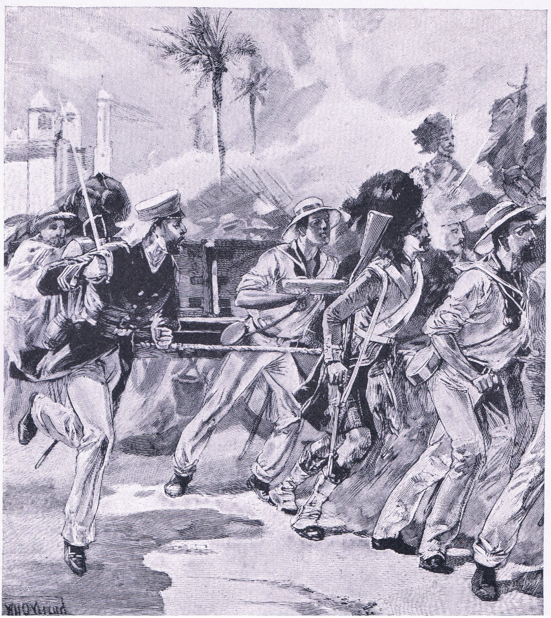 Brygada morska z HMS Shannon w Lucknow, listopad 1857, ilustracja z brytyjskich bitew lądowych i morskich, 1915 autorstwa William Heysham Overend
