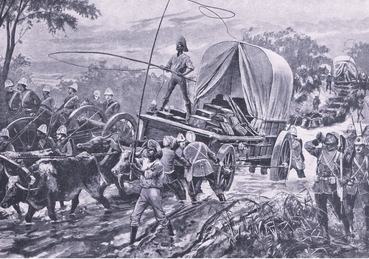 Zulu War: Estowe Relief Force przekraczające strumień, kwiecień 1879, ilustracja z brytyjskich bitew na lądzie i morzu, 1915 autorstwa William Heysham Overend