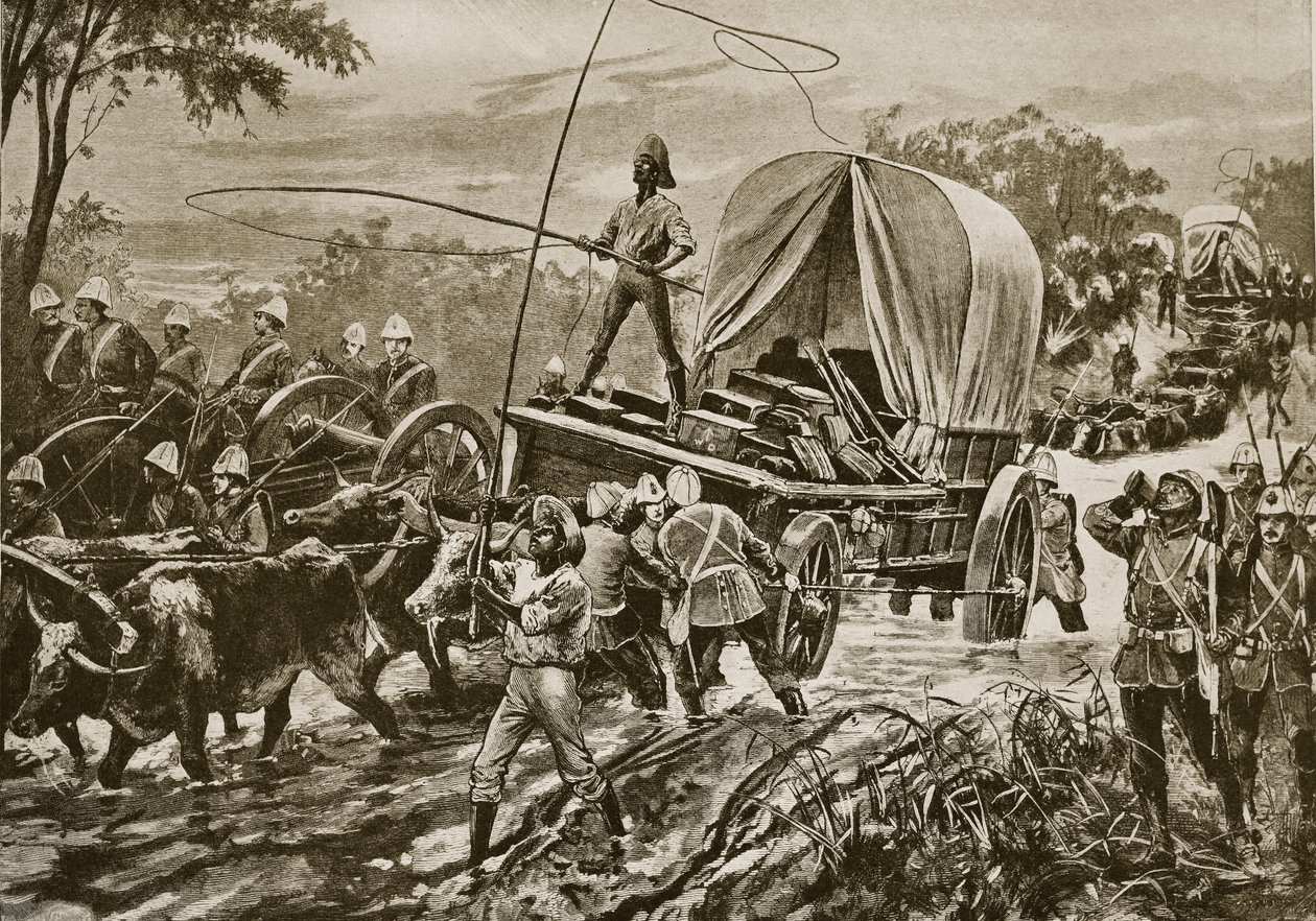 Wojna zuluska: oddziały pomocnicze Etshowe przekraczają strumień, kwiecień 1879 r. autorstwa William Heysham Overend