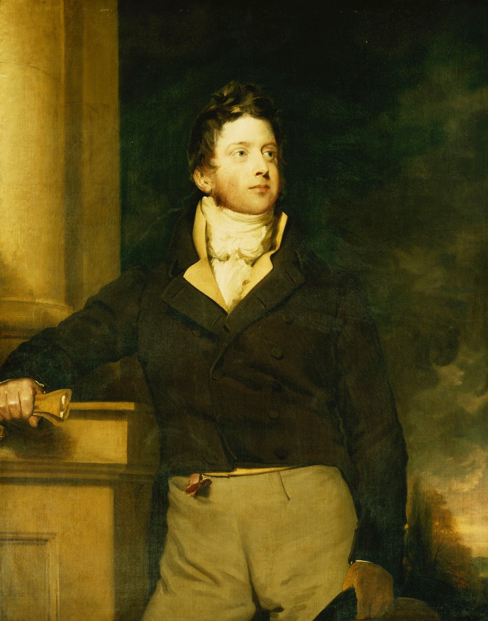 Portret dżentelmena, stojącego, długości 3/4, noszącego brązową marynarkę z białym żabotem, w krajobrazie, autorstwa William Hilton