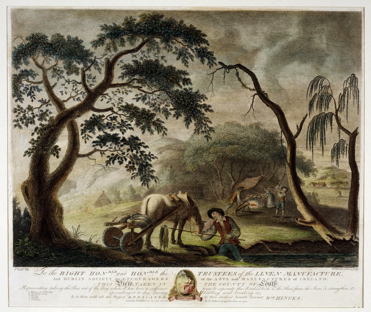 Wyjęcie lnu z bagien, płyta III The Linen Manufactory of Ireland, 1791, autorstwa William Hincks