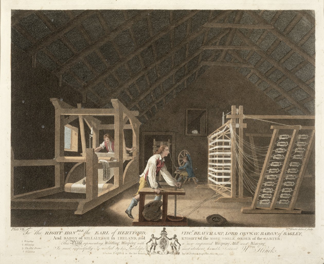 Nawijanie, wypaczanie za pomocą nowej ulepszonej wypalarni i tkania, płyta VII „The Linen Manufactory of Ireland”, 1791 (kolorowa lito) autorstwa William Hincks