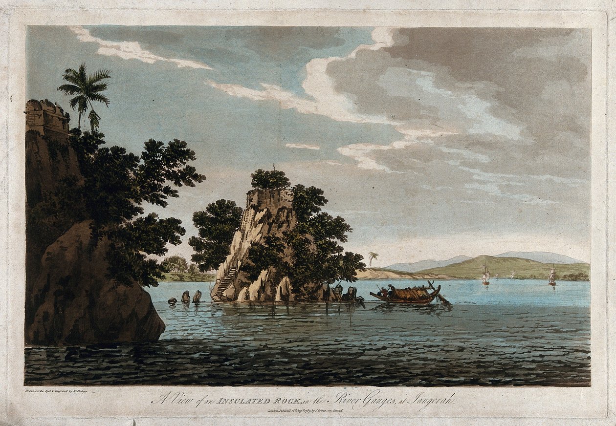 Widok izolowanej skały w rzece Ganges w Jangerah autorstwa William Hodges