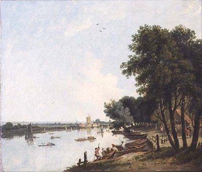 Widok na Tamizę w Chelsea z Post Mill w Nine Elms poza nią autorstwa William Hodges