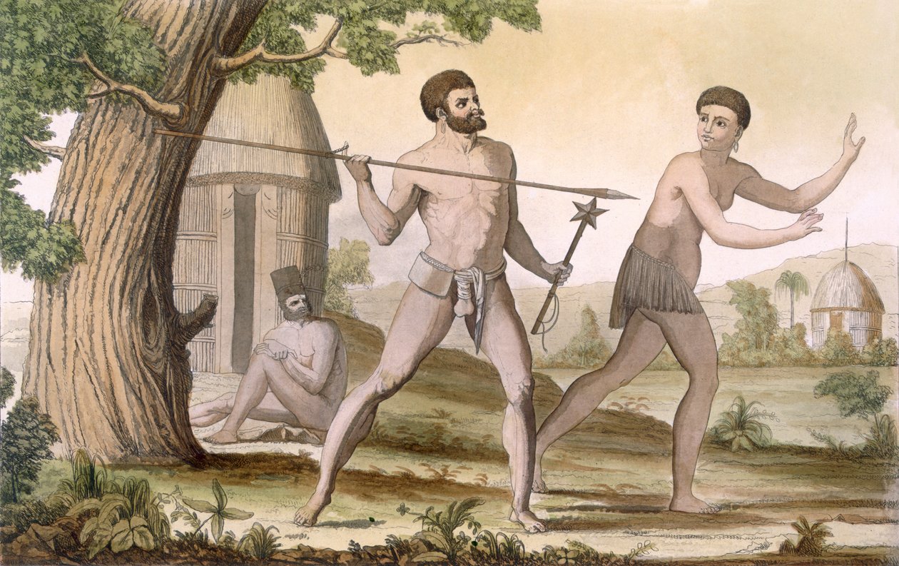 Mieszkańcy Nowej Kaledonii, z „Costume dei...” (kolorowe grawerowanie) autorstwa William Hodges