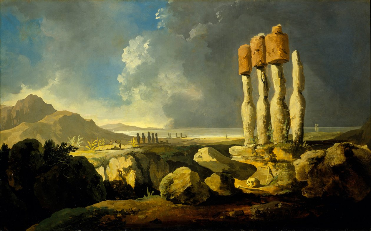 Pomniki na Wyspie Wielkanocnej, ok. 1776 (olej na panelu) autorstwa William Hodges