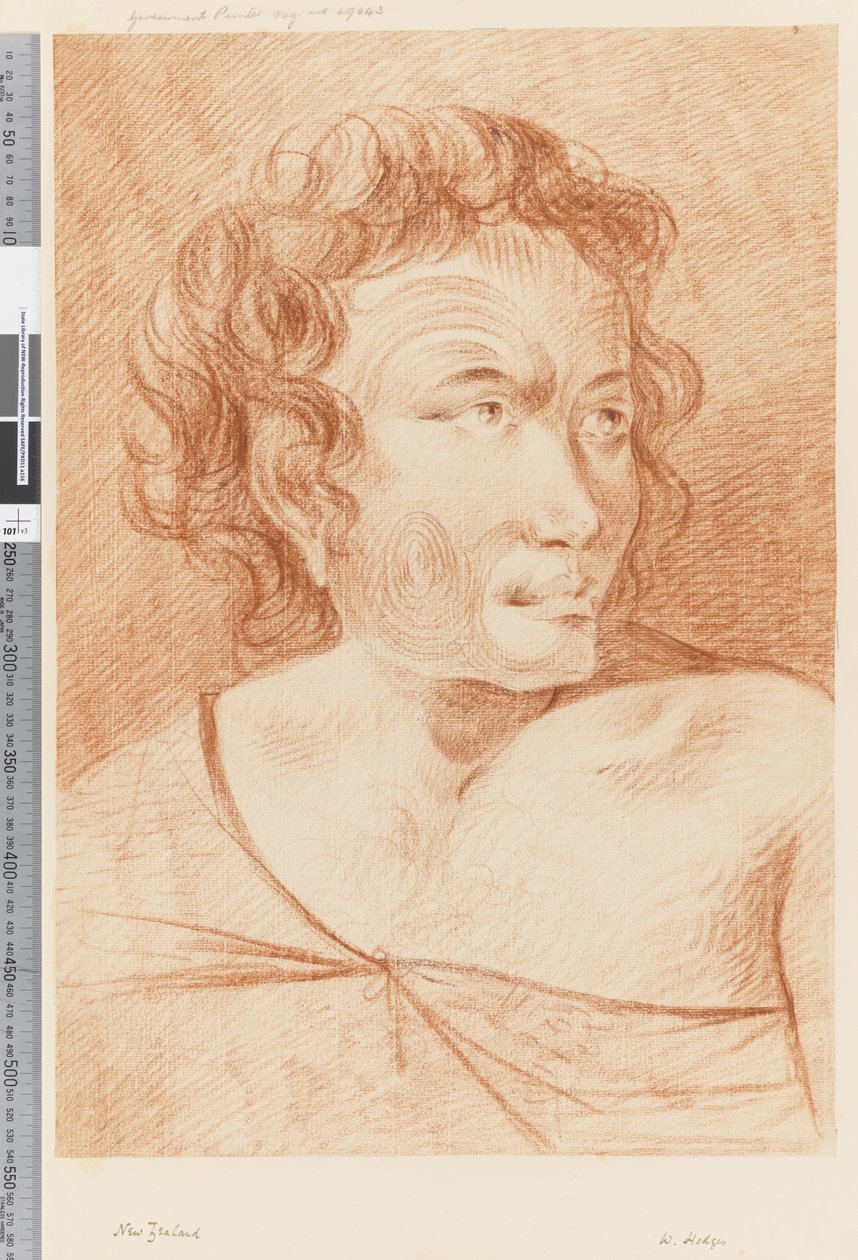 Strona 32b Nowozelandzki portret Maorysa, 1768-75 (czerwona kreda) autorstwa William Hodges