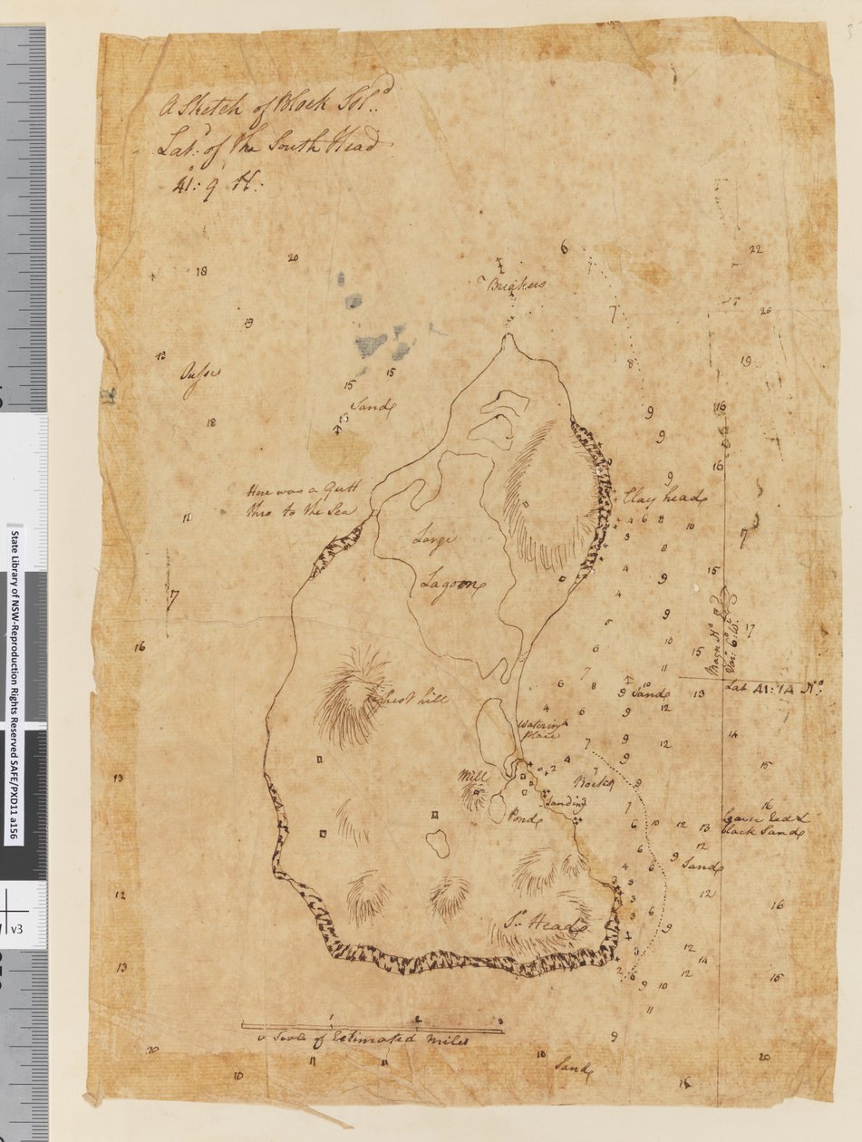 Strona 37a Szkic Block Island, szerokość południowa głowicy 41: 9 N autorstwa William Hodges
