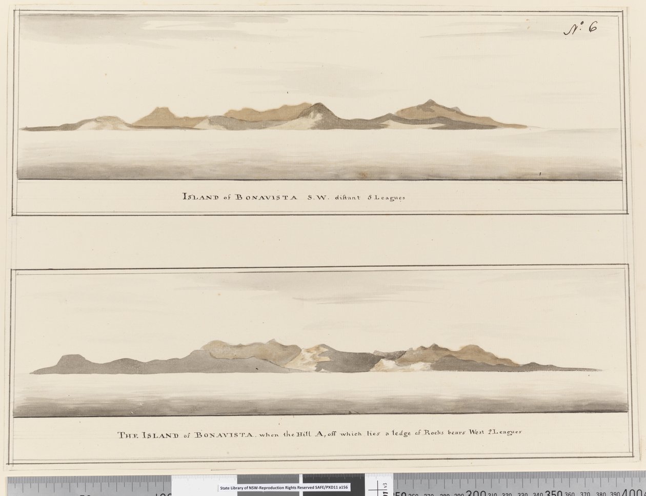 Page 6 Wyspa Bonavista: 2 profile. Tytuł: „Wyspa Bonavista S.W. odległe 5 lig” i „Wyspa Bonavista, gdy wzgórze A, od którego leży półka skalna, sięga na zachód 2 ligi” autorstwa William Hodges