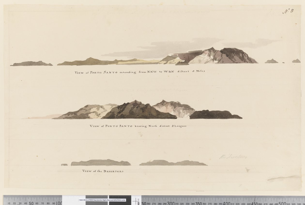 Strona 8 (a) Widok Porto Santo rozciągający się od NNW do WBN odległego o 5 mil (b) Widok Porto Santo odległego na północ o 2 ligi oraz (c) Widok Dezerterów autorstwa William Hodges