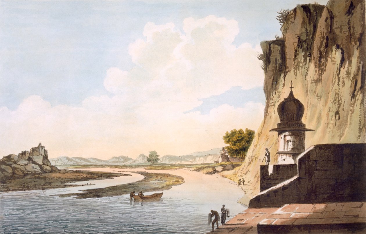 Pl. 26 Widok Gauta w Etawie, nad brzegiem rzeki Jumna, z „Select Views in India”, wyd. 1785-88 (akwaforta kolorowa z akwatintą) autorstwa William Hodges