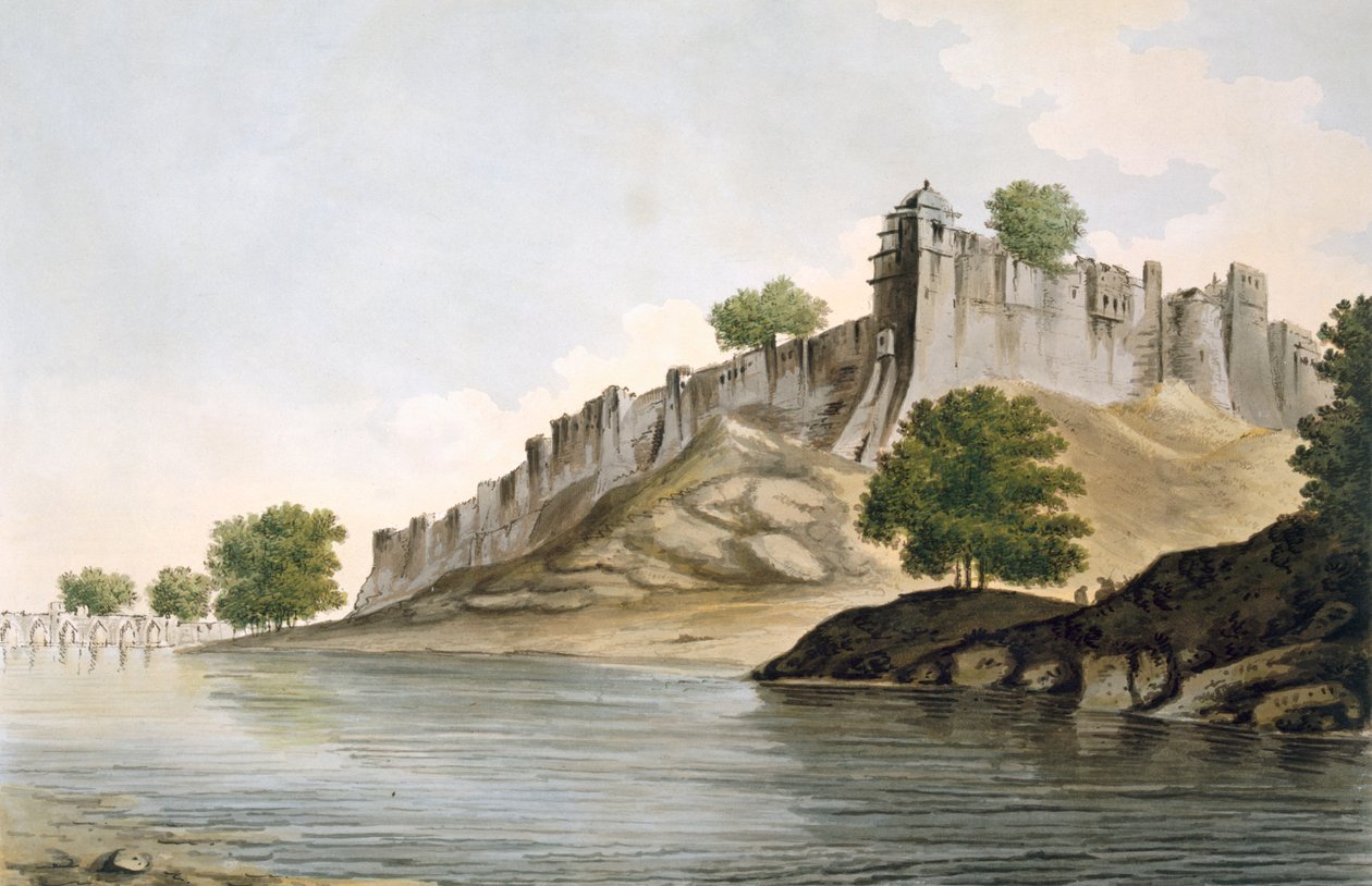 Pl. 33 A View of the Fort of Ilionpoor upon the Banks of the River Goomty z "Select Views in India", pub. 1785-88 (akwaforta barwna z akwatintą) autorstwa William Hodges