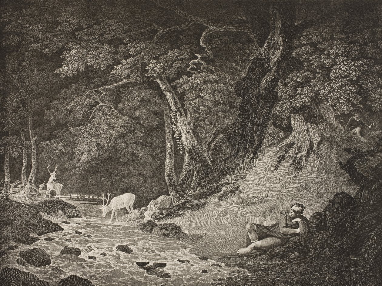 Las Arden, akt II, scena I, z „Jak ci się podoba”, z The Boydell Shakespeare Gallery, wydana pod koniec XIX wieku autorstwa William Hodges