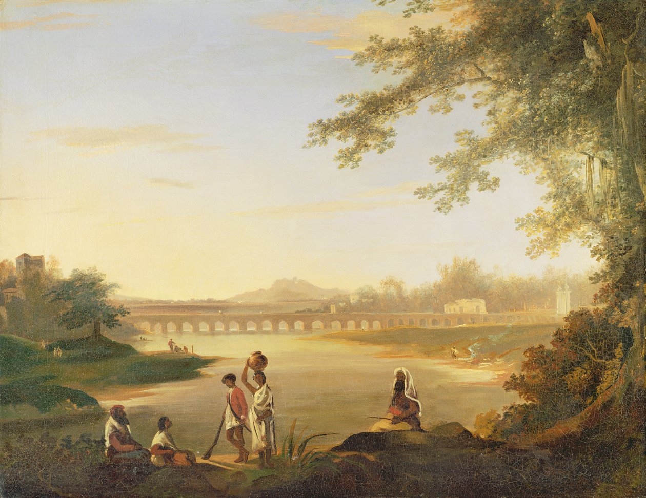 Most Marmalong, z Sepoyem i tubylcami na pierwszym planie, ok. 1783 r. autorstwa William Hodges