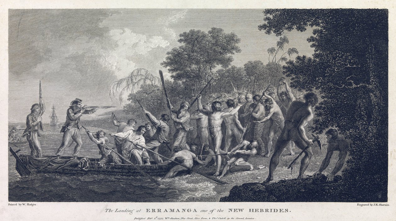 Lądowanie na Erramanga (lub Eromanga), jednej z wysp Vanuatu (dawniej Nowe Hebrydy, archipelag na Oceanie Spokojnym), przedstawiające załogę kajaka walczącą z wojownikami z wyspy. autorstwa William Hodges