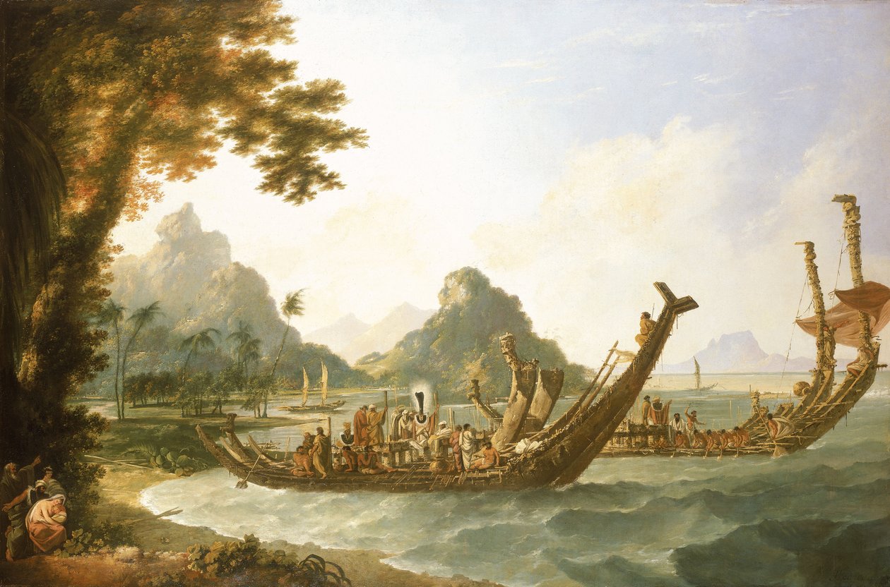 Łodzie wojenne z wyspy Otaheite (Tahiti) i Wysp Towarzystwa, z widokiem na część portu Ohaneneno na wyspie Ulieta, jednej z Wysp Towarzystwa. autorstwa William Hodges