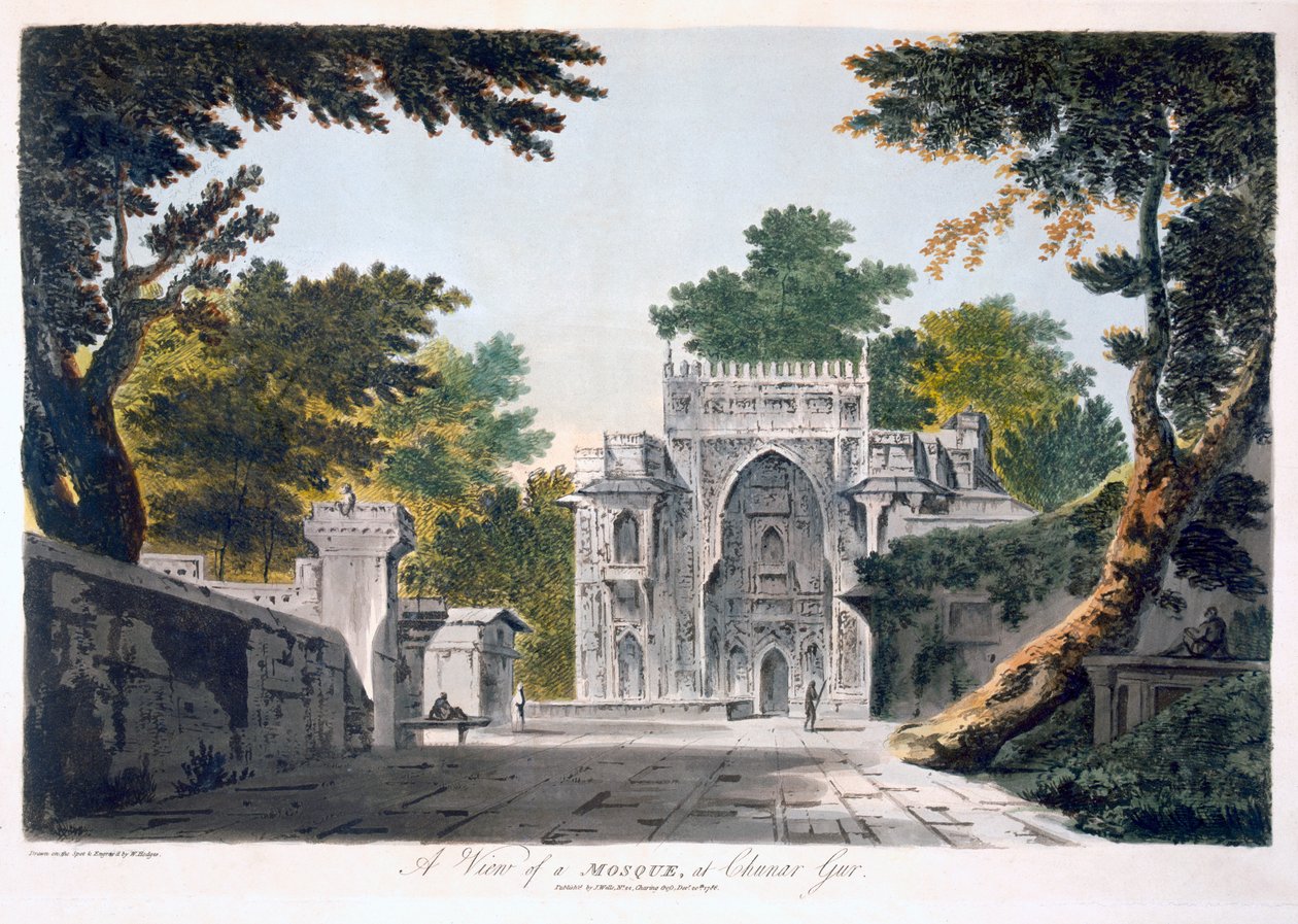 Widok meczetu w Chunar Gur, 1786 (akwatinta) autorstwa William Hodges