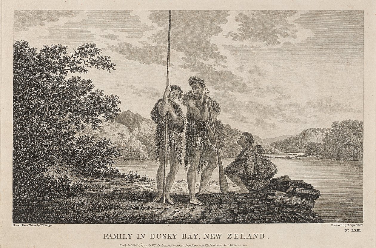 Widok na Zatokę Wysp (Dusky Bay) (Nowa Zelandia) z maoryską rodziną. Rycina (33,9x47,1 cm) z rysunku Williama Hodgesa (1744-1797), około 1785 roku. autorstwa William Hodges