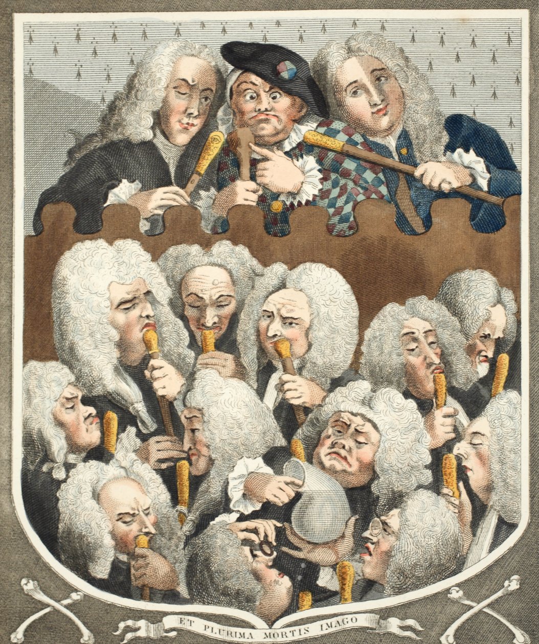 A Consultation of Physicians, or The Company of Undertakers, ilustracja z „Hogarth Restored: The Whole Works of the słynnego Williama Hogartha, ponownie grawerowane przez Thomasa Cooka”, wyd. 1812 (kolor dłoni autorstwa William Hogarth