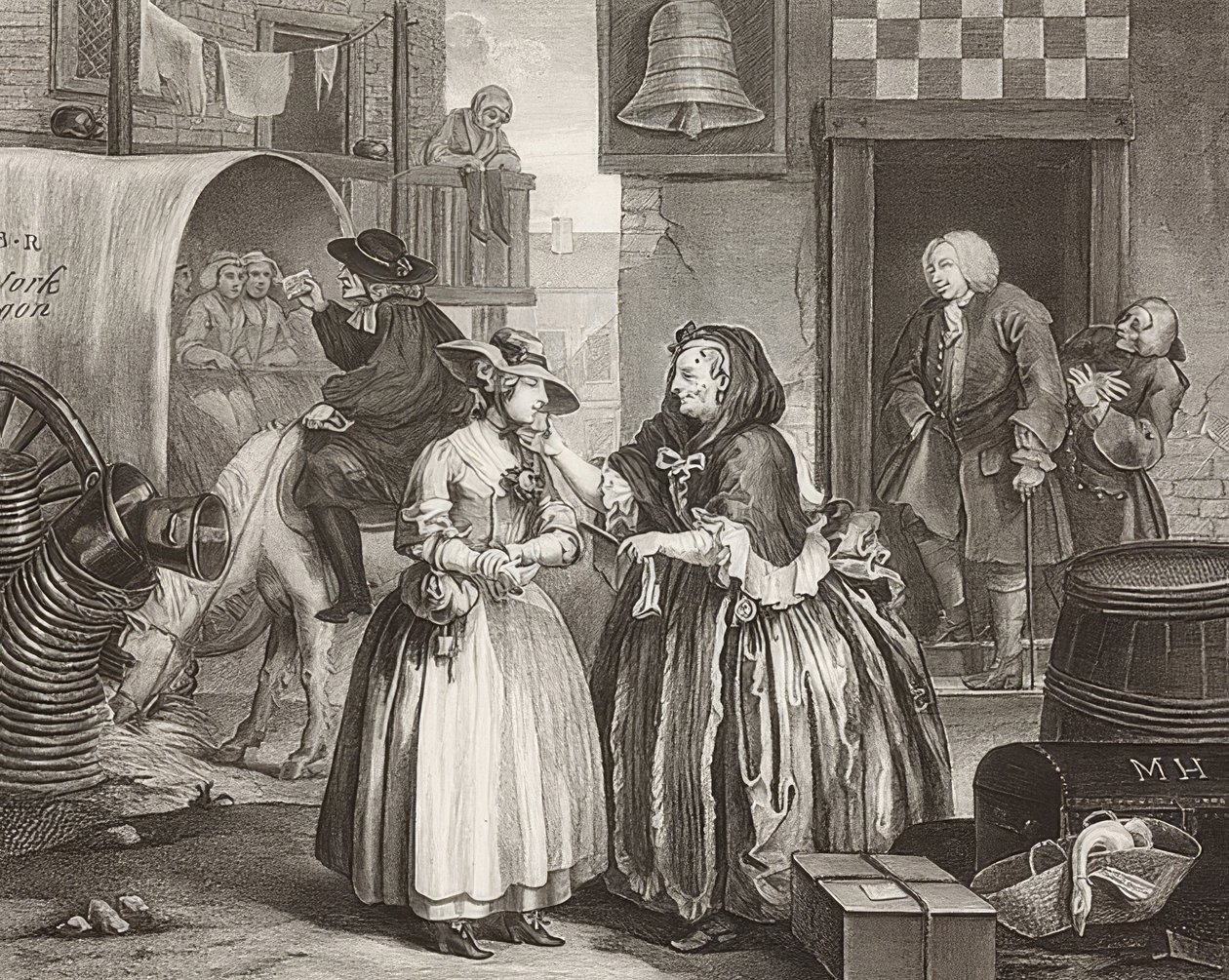 Postępy nierządnicy / Der Weg einer Dirne, Blatt 1: Ankunft in London. 1732 autorstwa William Hogarth