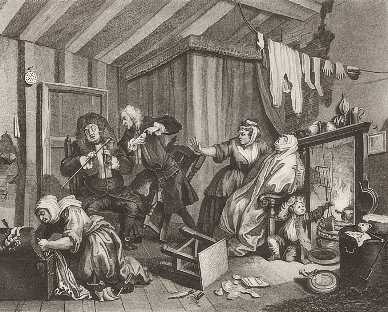 Postęp nierządnicy / Droga dziwki. Arkusz 5: Śmierć. 1732 autorstwa William Hogarth