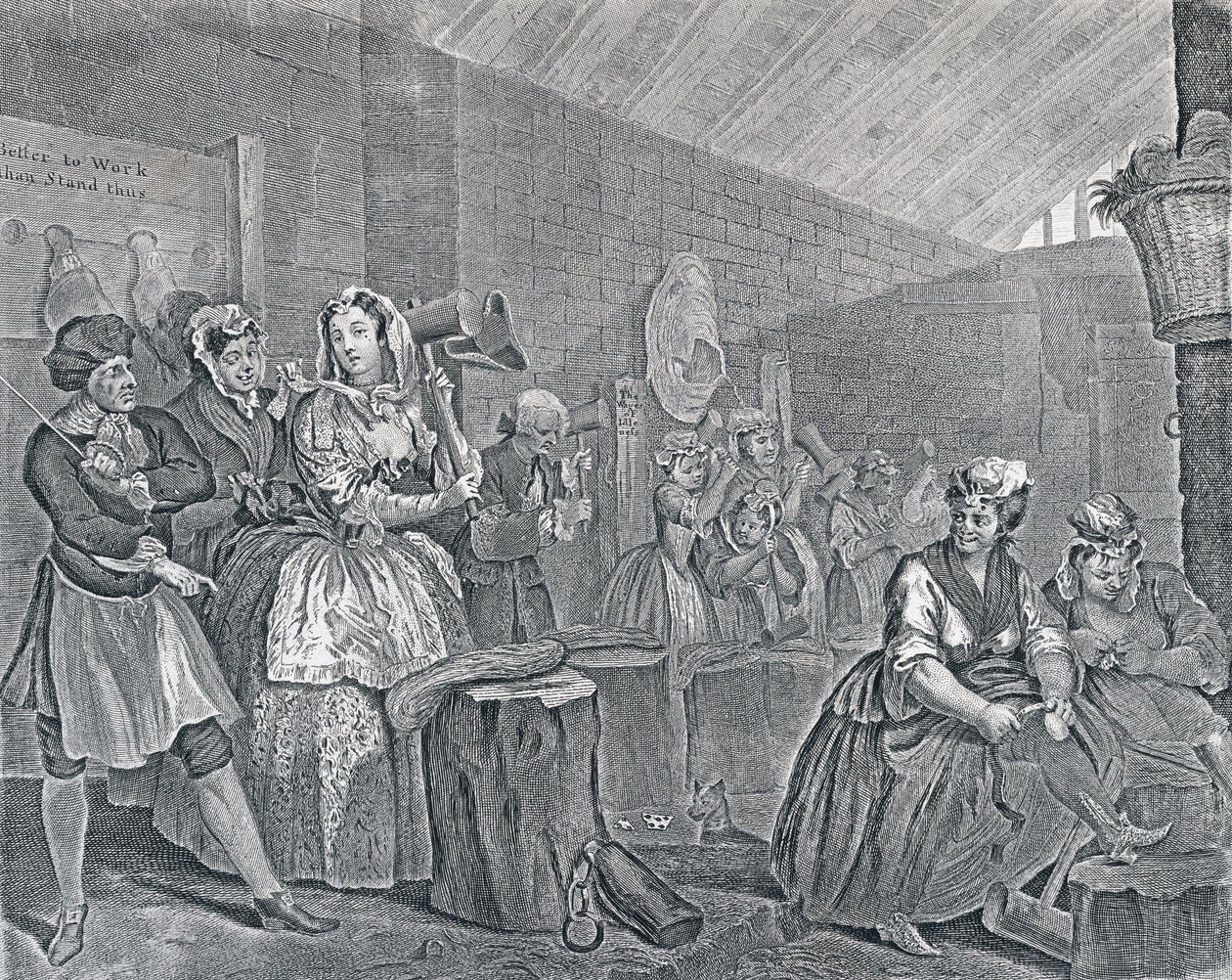 Postęp nierządnicy, płyta czwarta: Scena w Bridewell, 1732 (akwaforta i grawerowanie) autorstwa William Hogarth