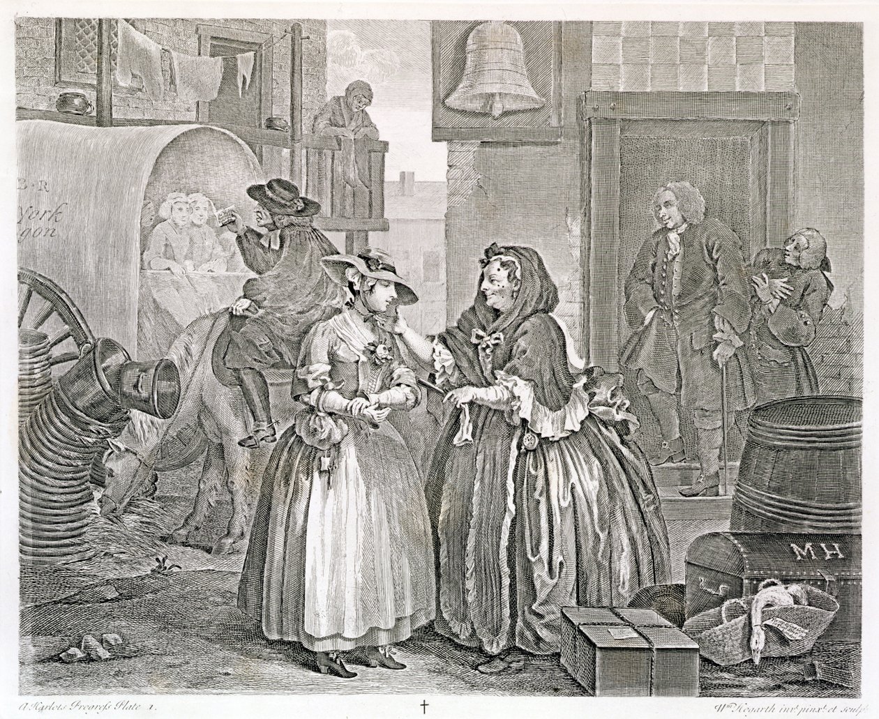 Postępy nierządnicy, plansza pierwsza: Uwięziona przez prostytutkę, 1732 (akwaforta i rycina) autorstwa William Hogarth