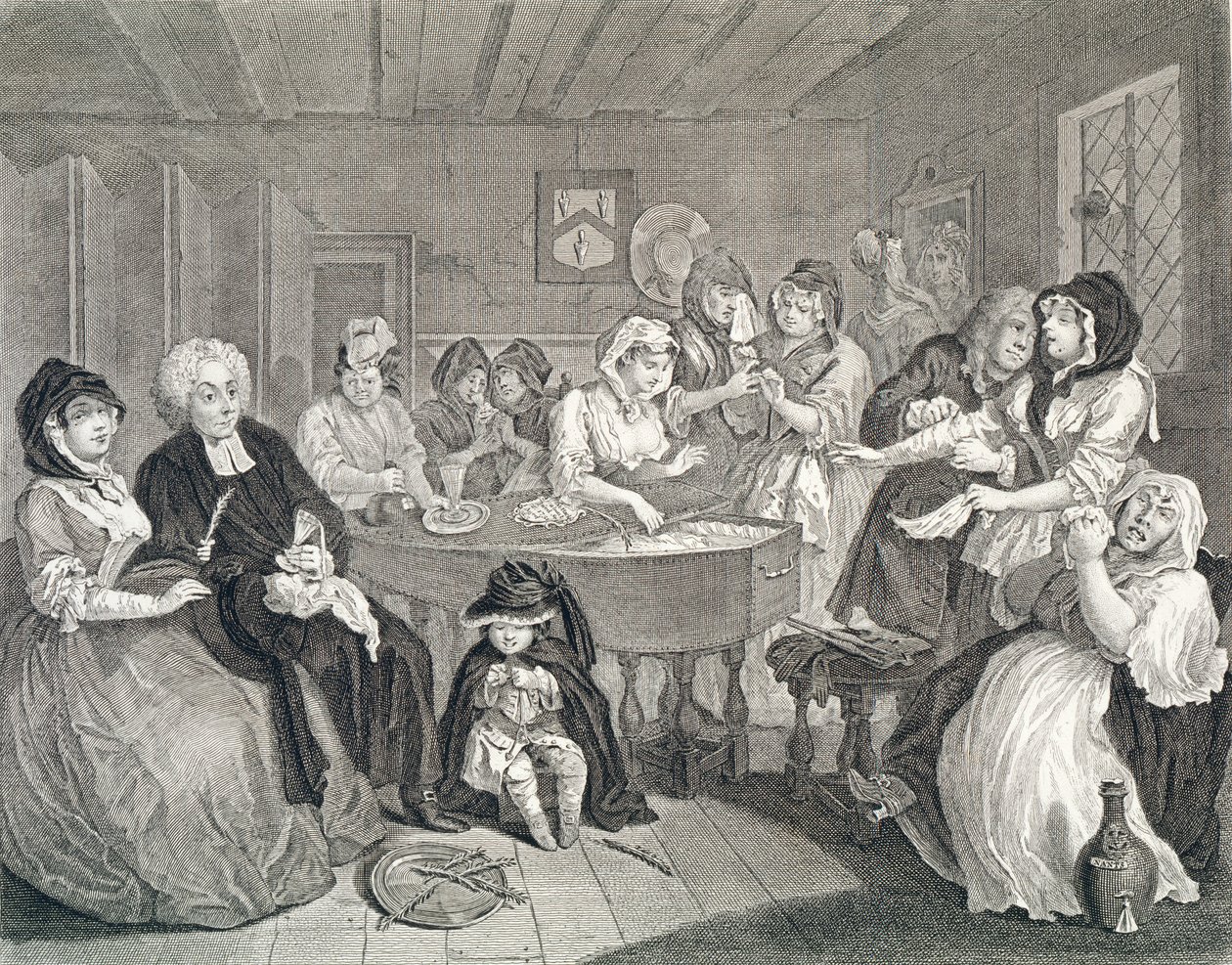 Postęp nierządnicy, płyta szósta: pogrzeb, akwaforta i grawer) autorstwa William Hogarth
