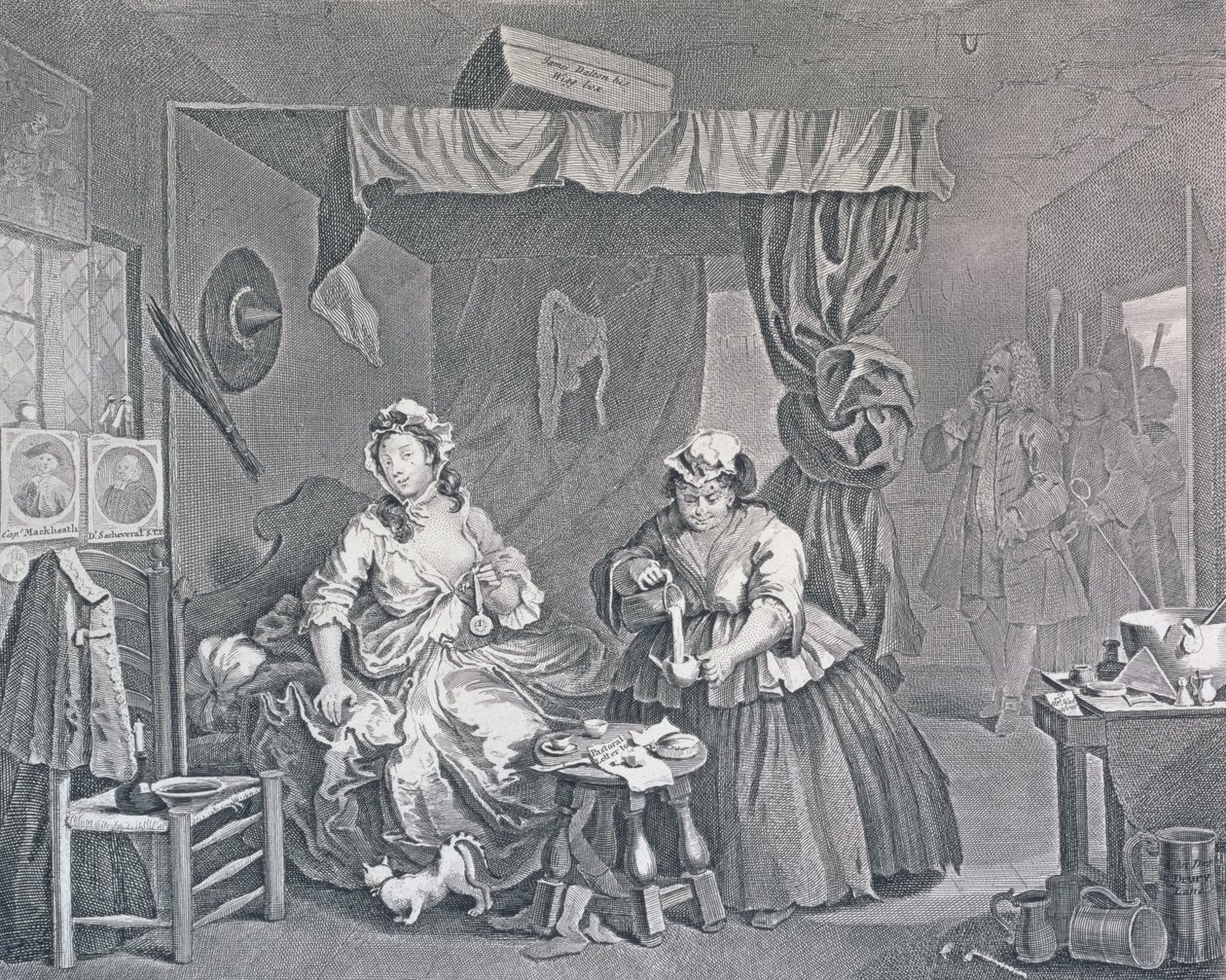 Postęp nierządnicy, płyta trzecia: Pojmany przez sędziego, 1732 (akwaforta i grawerowanie) autorstwa William Hogarth