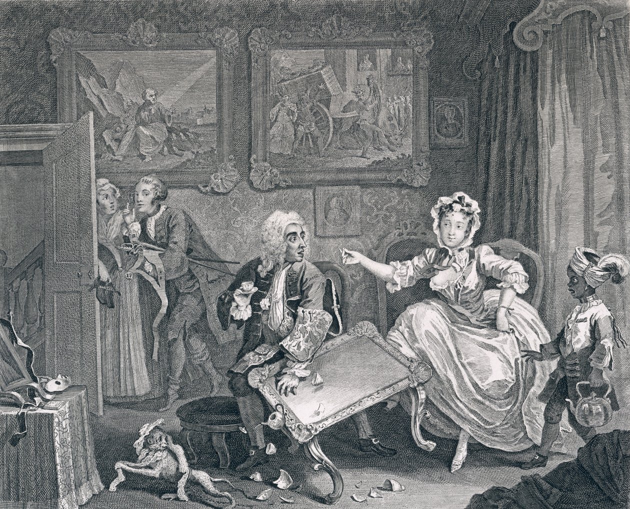 Postęp nierządnicy, płyta druga: Kłótnie z jej żydowskim obrońcą, 1732 (akwaforta i grawerowanie) autorstwa William Hogarth